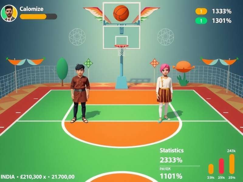 Desi Dunk Duel gameplay screenshot showing basketball court with Indian cultural elements